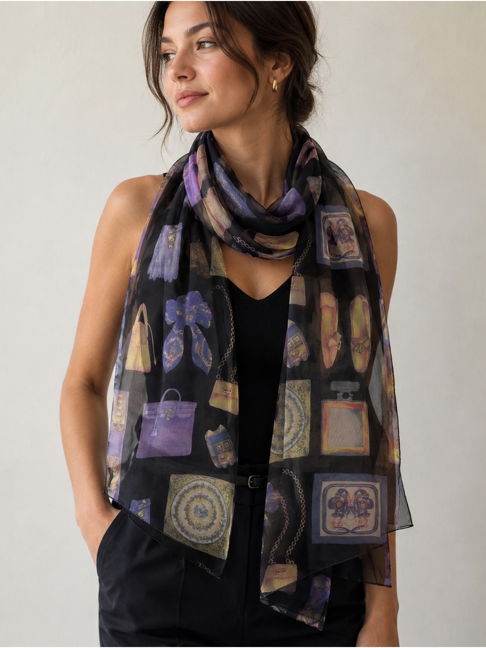 Vintage Sheer Fashion Print Scarf Black Purple Handbags Shoes Perfume Luxe Wrap
